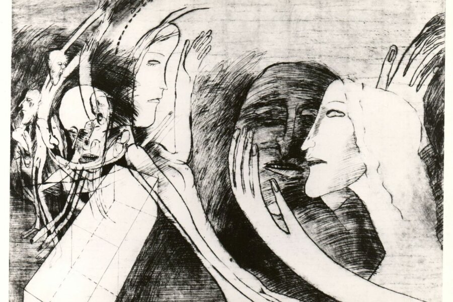 Eva Vlasáková, Milostný příběh, cyklus Lásky a úzkosti naší doby II, 1985, barevná suchá jehla